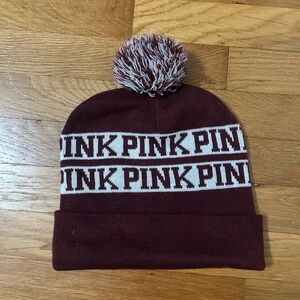 PINK Victoria's Secret Maroon and Cream Beanie